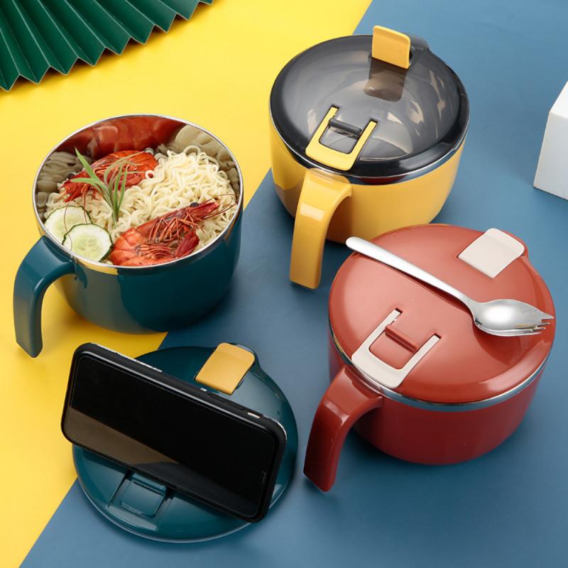 Stainless Steel Insulated Lunch Box With Mobile Phone Holder Work Lunch Box Student Lunch Box Instant Noodle Bowl Easy To Clean