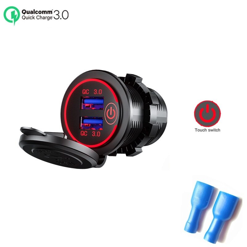 12v/24v 2 charger socket touch switch waterproof universal car truck 36w qc 3,0 plug for phone tablet camera gps: Red-standard