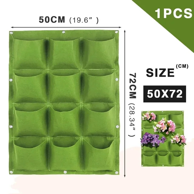 Flerlomme plantepose filt grønnsaker frukt blomster dyrkeposer for planter hengende vertikalt hjem hageverktøy plantesåpotte: Grønn