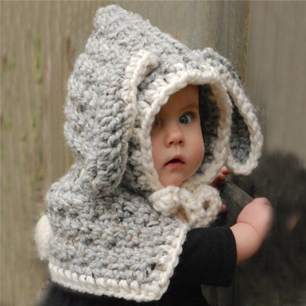 Schattige kindermuts handgemaakte gehaakte konijnenoren gebreide mutsen voor meisjes jongens kinderen winter cartoon dieren mutsen warme gebreide sjaal muts: Grijs