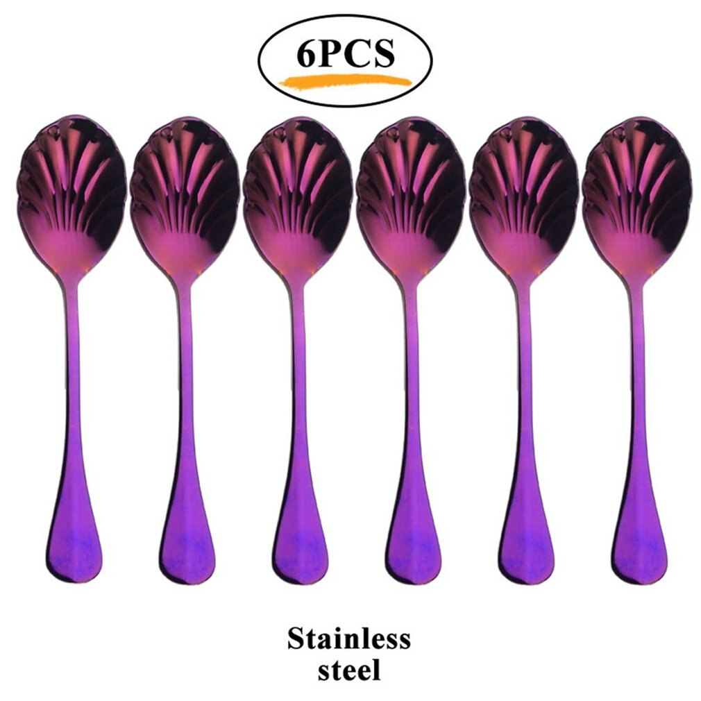 6Pcs Shell Shape Stainless Steel Teaspoons Coffee Spoons Ice Cream Sugar Dessert Spoons Colorful Rainbow Spoons for Kitchen Bar: Blue