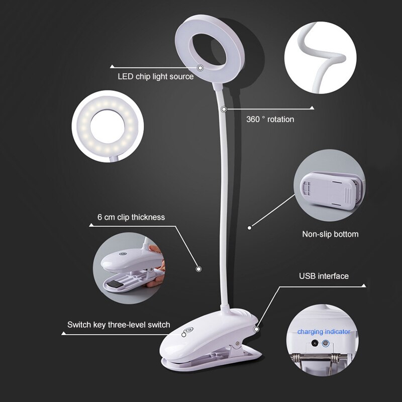 Usb genopladelig led bordlampe fleksibel berøringsdæmpning bordlampe klip på lampe til bogseng og computer 3 farvetilstande zzd 0019