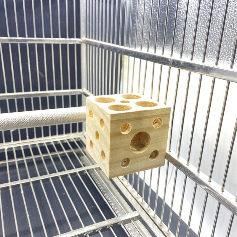 Bird Chewing Toy Wooden Block with Holes Parrot Tabletop Puzzle Foraging Training Toys Biting Wood Teething Toy for Small Animal