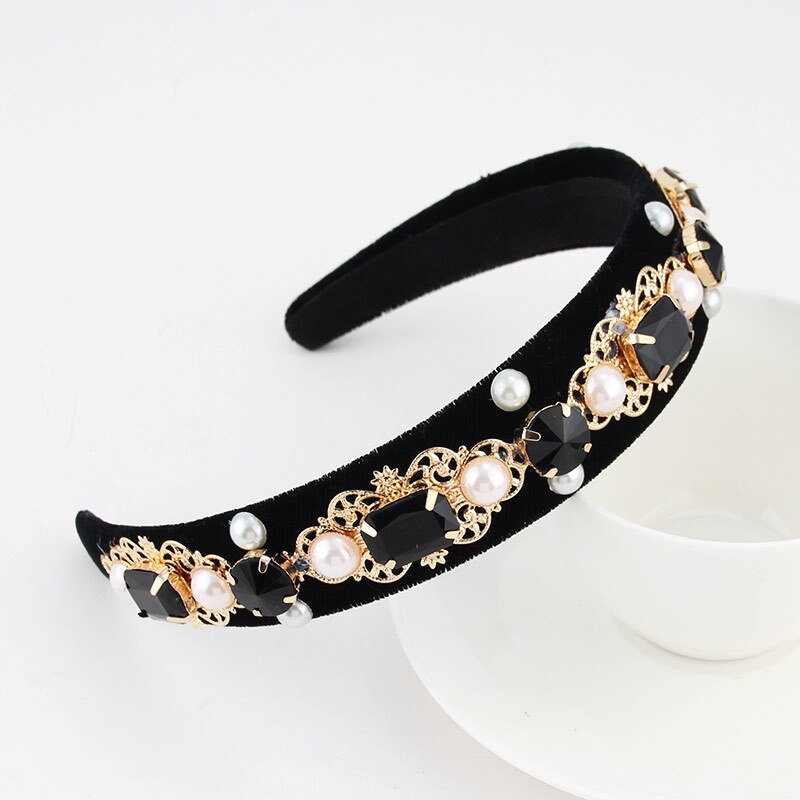 Hair Accessories Baroque Jeweled Pearl Hairband Crystal Rhinestone Bezel Velvet Satin Headband For Women Girls: Pattern 15