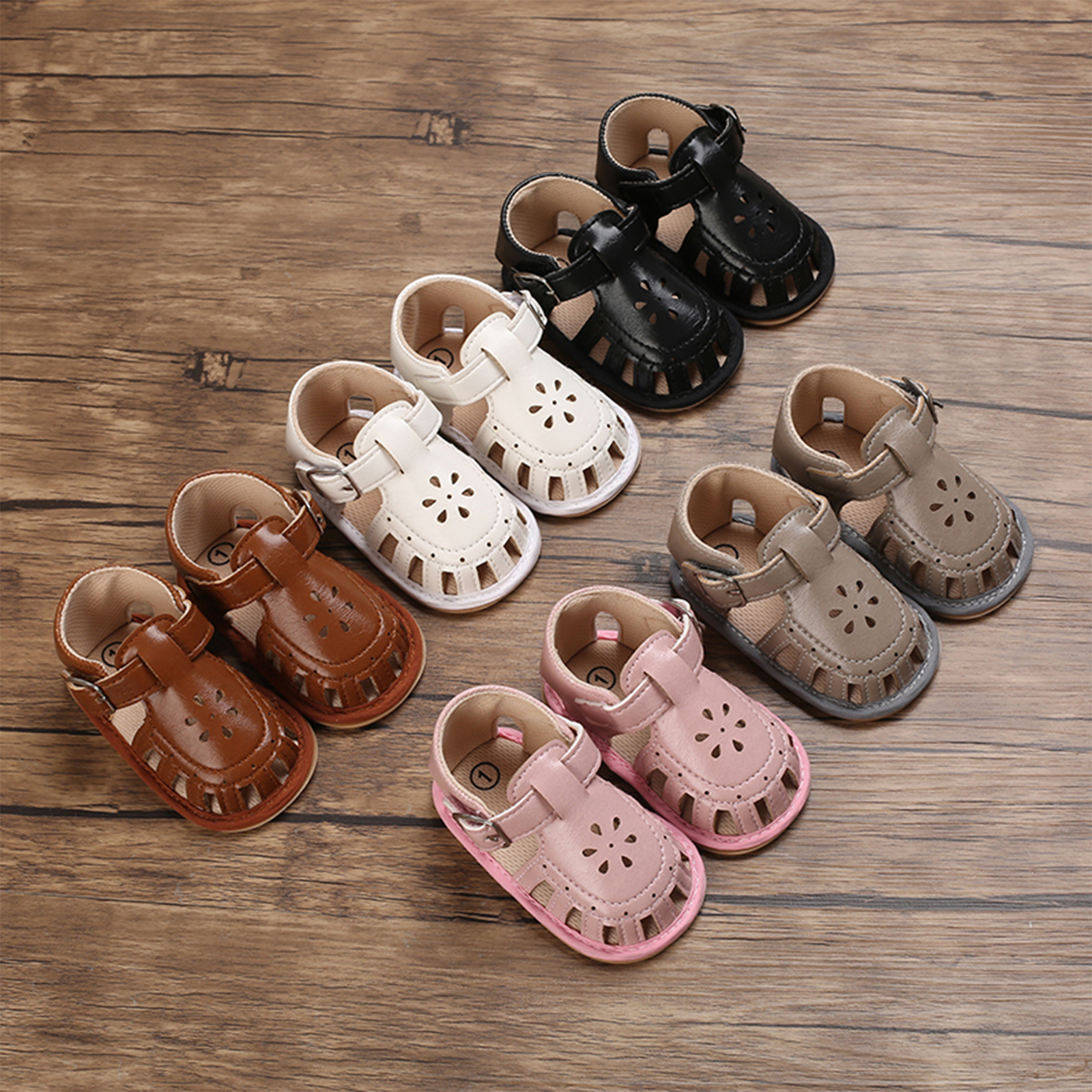 Baby-sommersandalen, einfarbig, mit lochmuster, schnalle zum aufkleben, weiche sohle, rutschfest