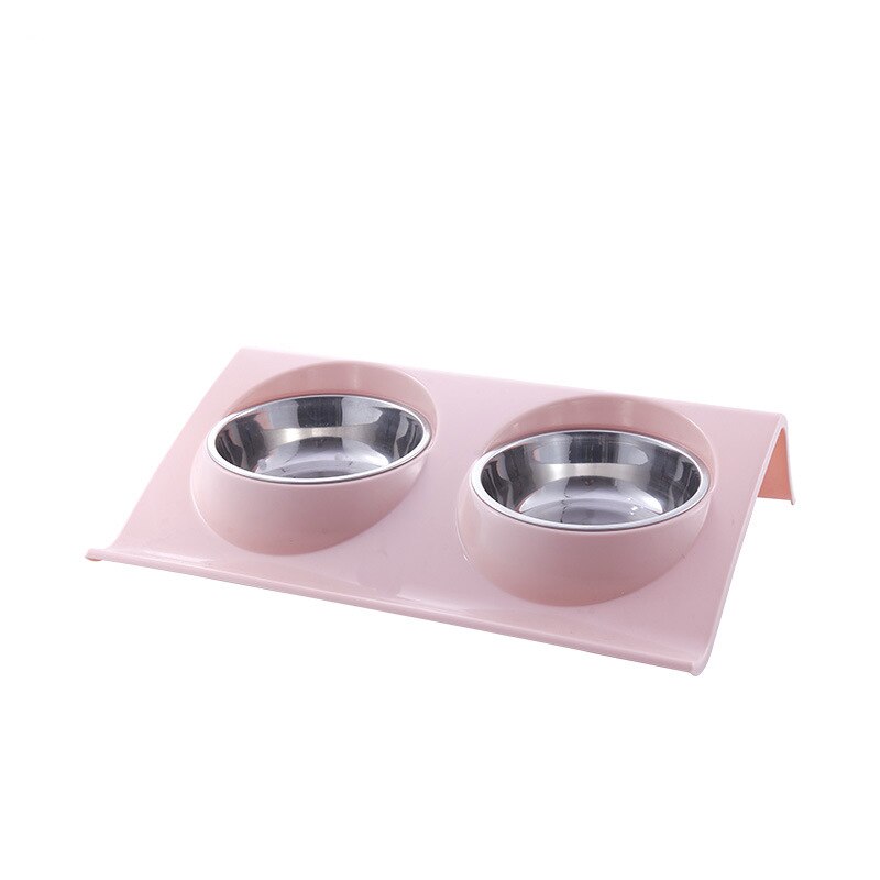 Double Bowls Pet dog cat Feeding Station Stainless Steel Water Food Bowls Feeder Solution for Dogs Cats supplies: Pink / S