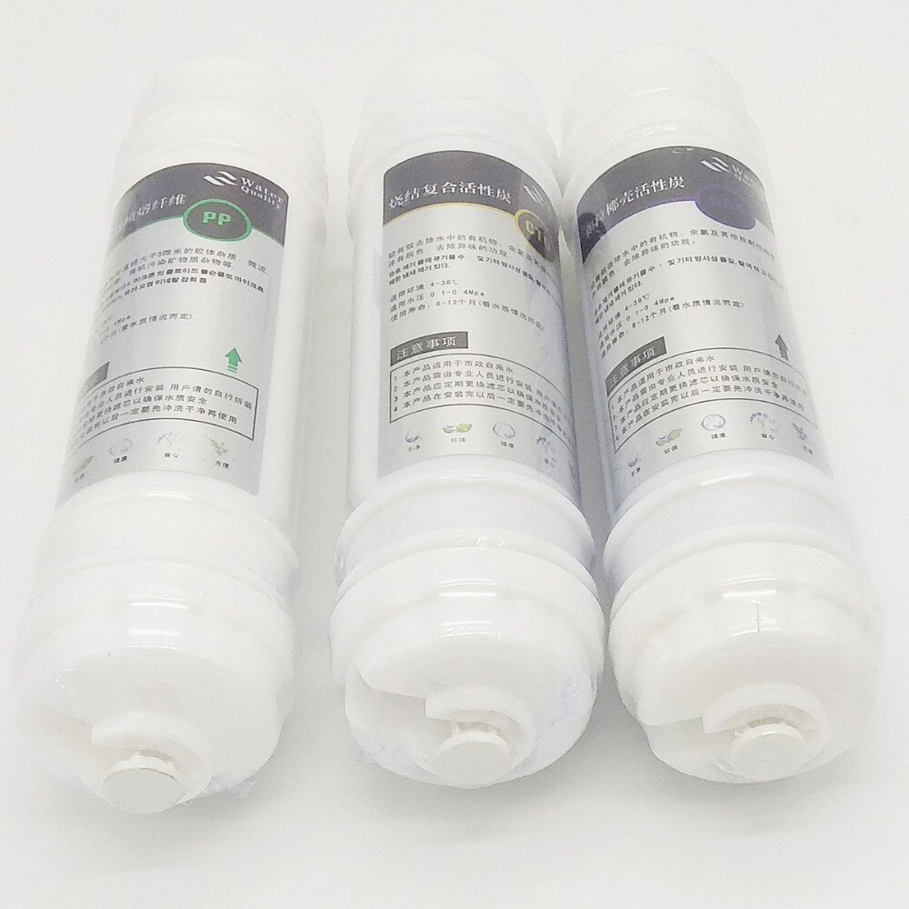 Purificador de agua integrado de 3 niveles, filtro de algodón PP de junta rápida de 1/4 "+ filtro de carbón activado Granular UDF + carbón comprimido CTO