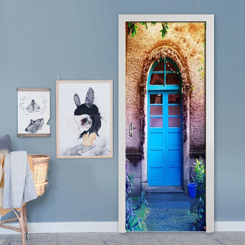 2pcs/set Retro Blue Door DIY Door Stickers 3D Mural Bedroom Home Decor Poster PVC Waterproof 3D Wall Sticker Refrigerator Decals
