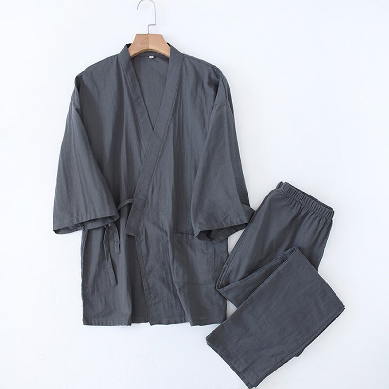 XIFER-Pijama de estilo japonés para hombre, Kimono de algodón para otoño e invierno, cárdigan de gasa de algodón, pantalones de manga de 7 puntos, Color sólido, Hanfu