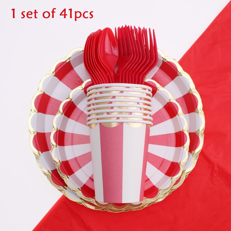 41pc/set Red Stripe Theme Party Tableware party birthday decoration Baby Shower Plate Napkin Disposable Tableware Party Supplies: 41PCS