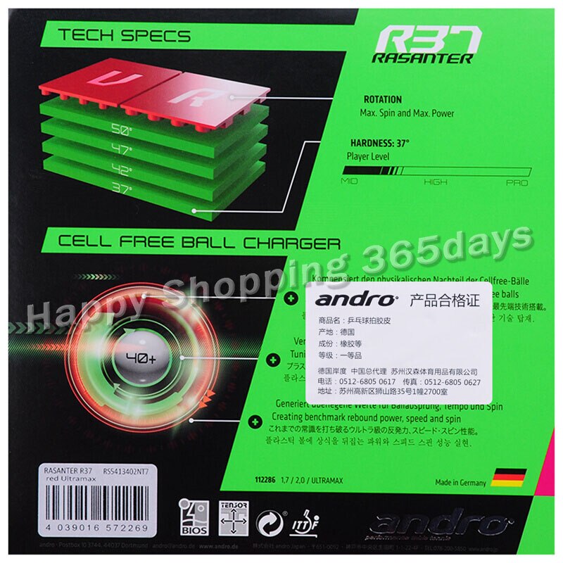 Andro RASANTER R37 (Goma no pegajosa, esponja De Tensor) Pips De goma De Tenis De Mesa-En esponja De Ping Pong Tenis De Mesa