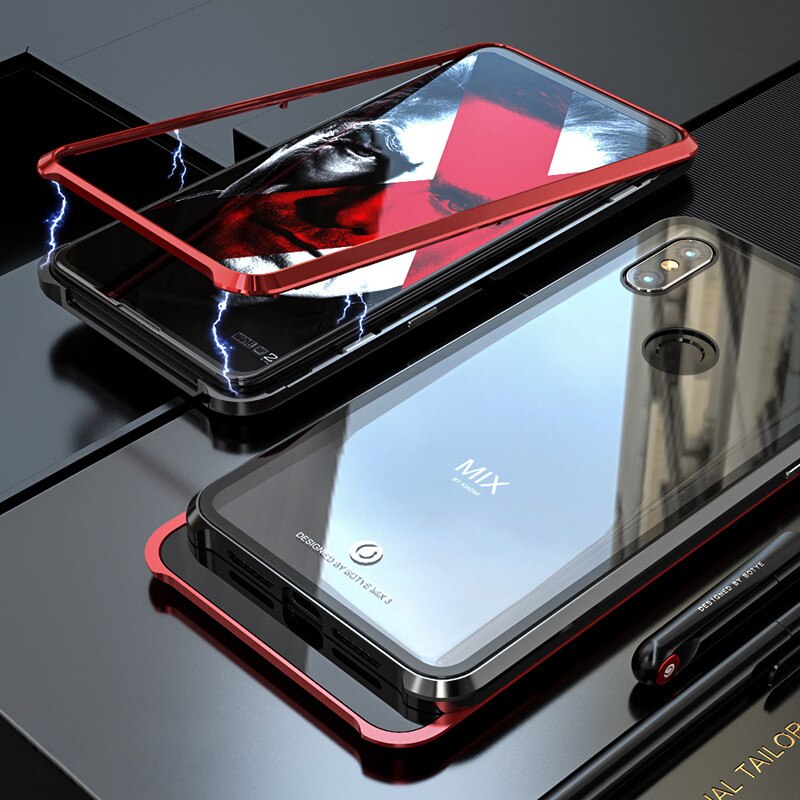 Magnetic Adorption Metal Bumper Glass Case For coque Xiaomi Mi Mix 3 Case Shockproof Hard Back Glass Cover For Xiaomi Mix3 Case: Black Red / No Retail Box