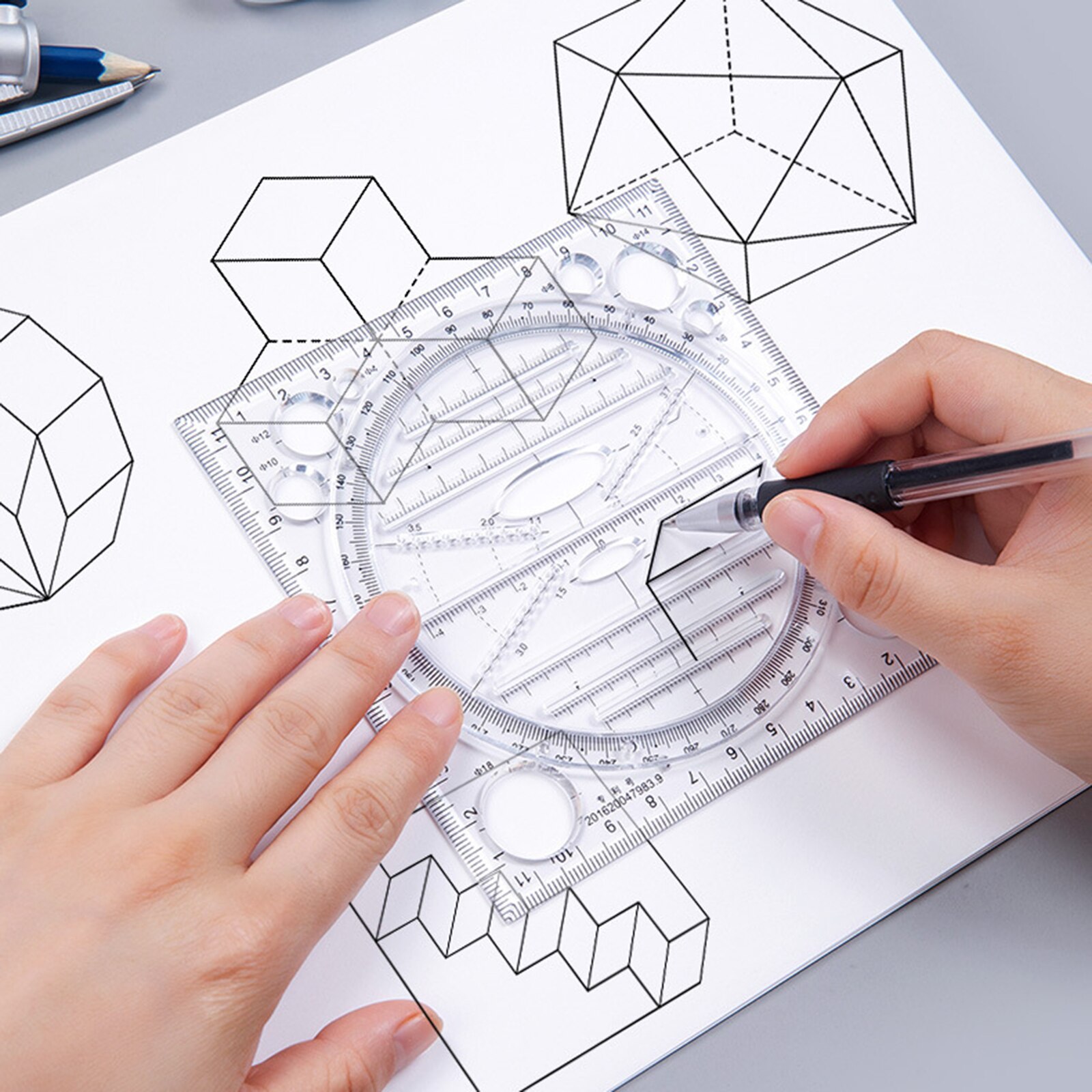 Multifunctional Fast Drawing Ruler ABS Accurate Scale Geometric Function Template Scale Transparent Compass Drawing Tool