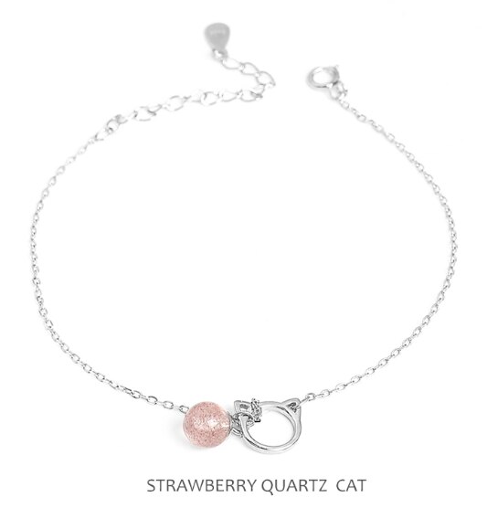 Morango quartzo pulseira moonstone 925 prata esterlina pulseira para mulheres presentes artesanais moda jóias: STRAWBERRY CAT