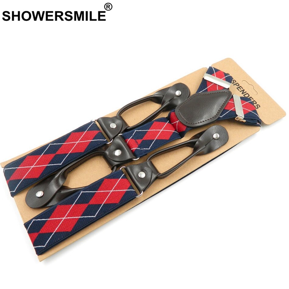 Showersmile seler knap y ryg argyle seler til mænd vintage bryllup elastisk mandlige skjorte seler med 6 knapper 120cm: Marineblå seler