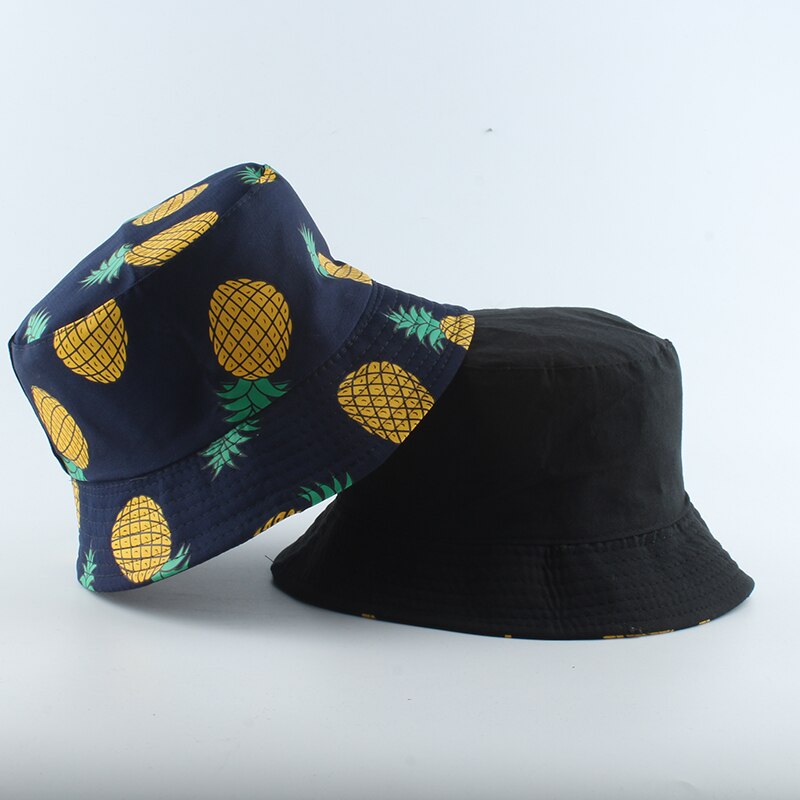 Panama bucket hat menn kvinner sommer bucket cap ananas banan trykk fisker hatt bob hiphop gorros reversibel fiske lue: Ananas marineblå