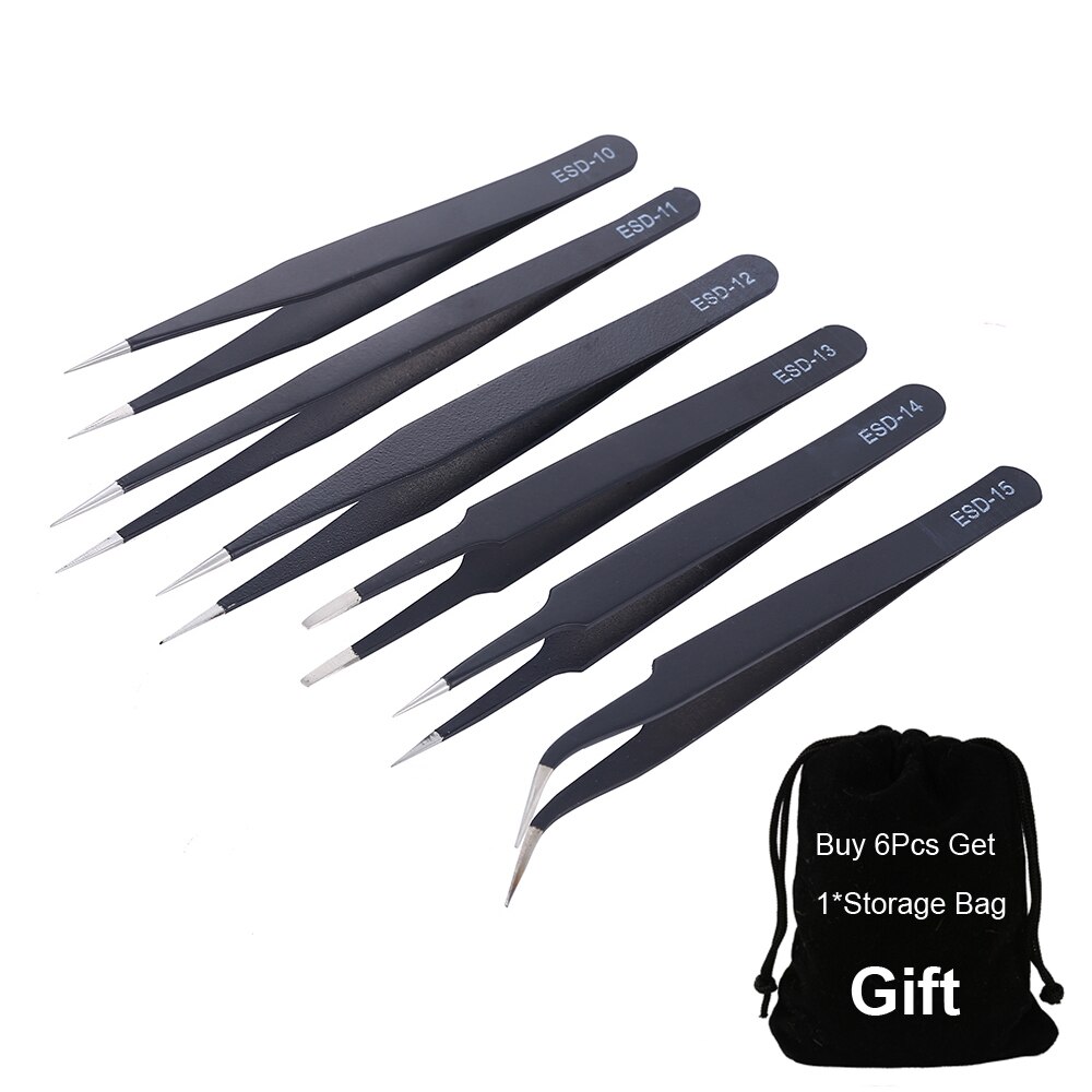 Pinzas de acero inoxidable antiestáticas ESD, herramientas de mantenimiento, pinzas rectas y curvadas de precisión Industrial, GYH, 6 uds.: 6pcs with 1 bag