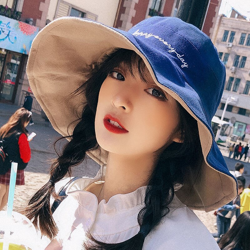 summer hat sun hat foldable sun blockRaffia Bow Sun Hat Wide Brim Floppy Summer Hats For Women Beach hat Double-sided wearable: navyblue