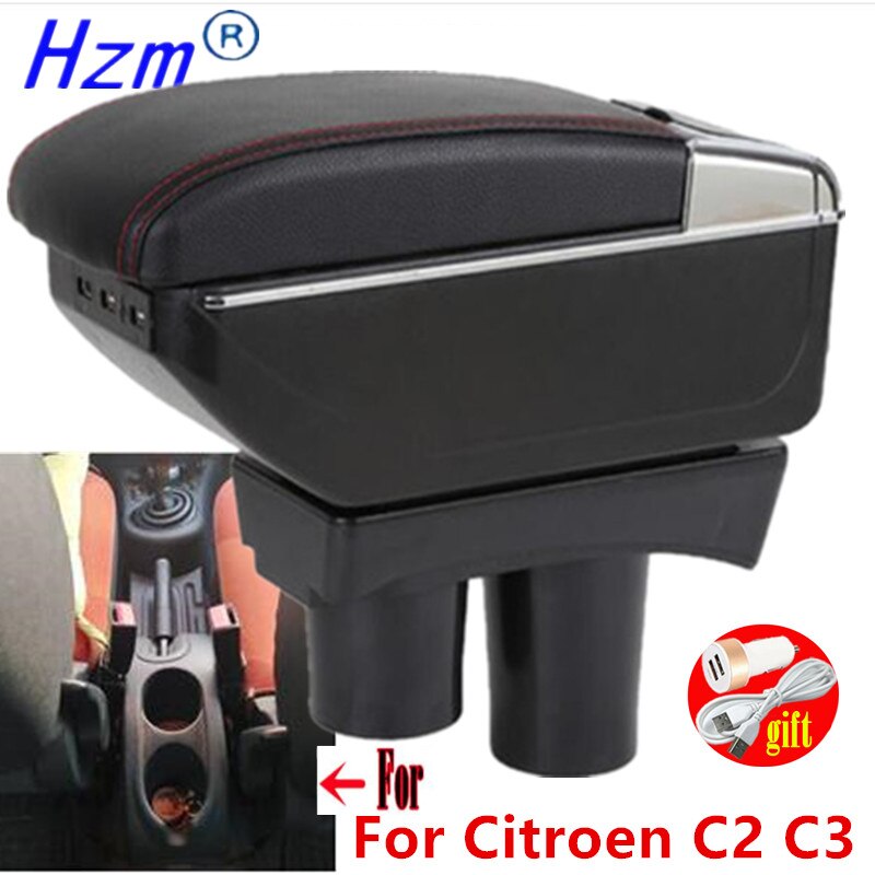 Reposabrazos para Citroën C2 y C3, caja con carga USB, doble capa, Cenicero, accesorios de almacenamiento central