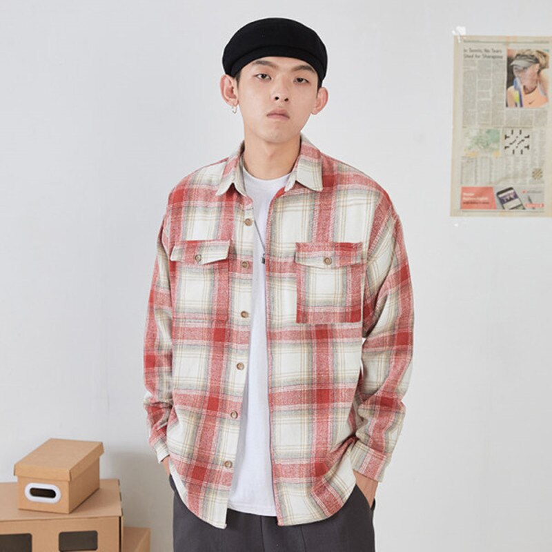 Autumn Winter Men&#39;s Square Plaid Multi-pocket Japanese Flannel Long-sleeved Shirt Classic Harajuku Style Office Men Work Tops: Red / Chinese size M