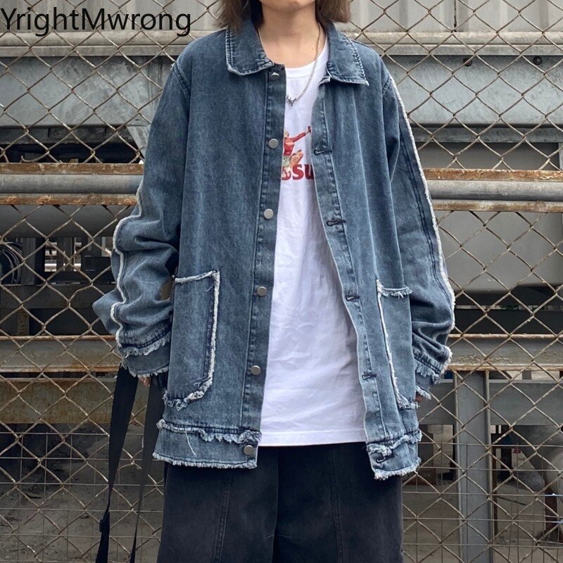 Streetwear Ripped Hip Hop Losse Denim Outfit Herfst Herfst Vrouw Man Jeans Windjack Chaqueta Pocket Button Shirt Blouse