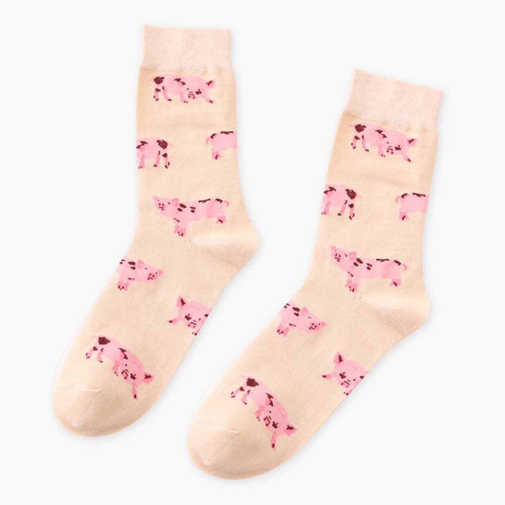 1 Pair Lovely Pig Animal Pattern Women Cartoon Cotton Socks Casual Soft Short Ankle Sock Lady Comfortable Short Sock: beige