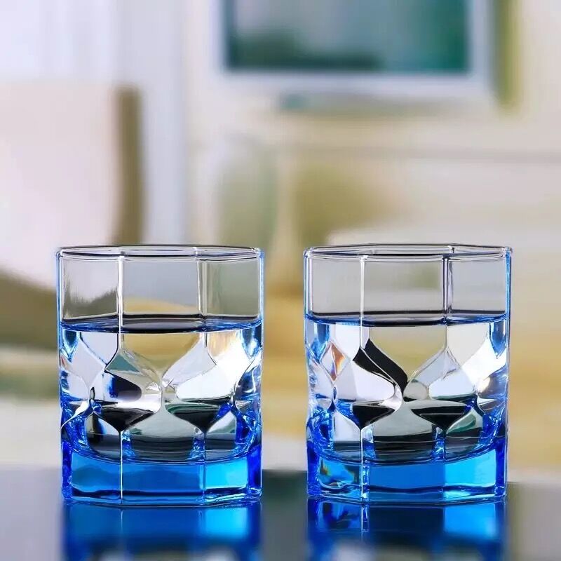glass European blue octagonal diamond water cup heat resistant tea cup 300ml thickened whisky drink cup