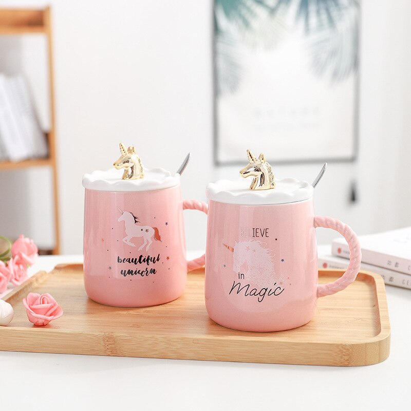 Taza de unicornio rosa, Taza de cerámica con tapa, cuchara creativa, tazas de café de agua