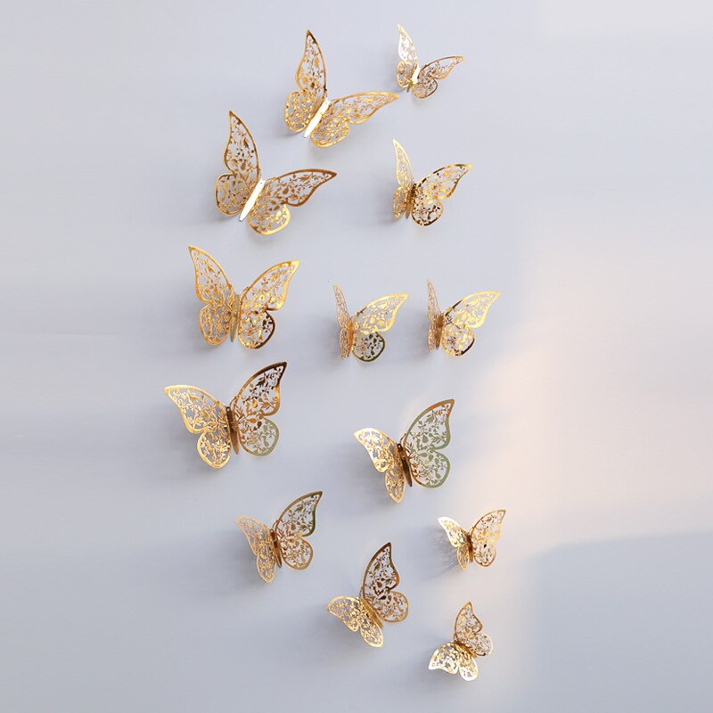 12 teile/los 3D PVC Schmetterling Zauberstab Aufkleber Kühlschrank Aufkleber für freundlicher Zimmer Dekoration und Badezimmer Dekor: Gold C