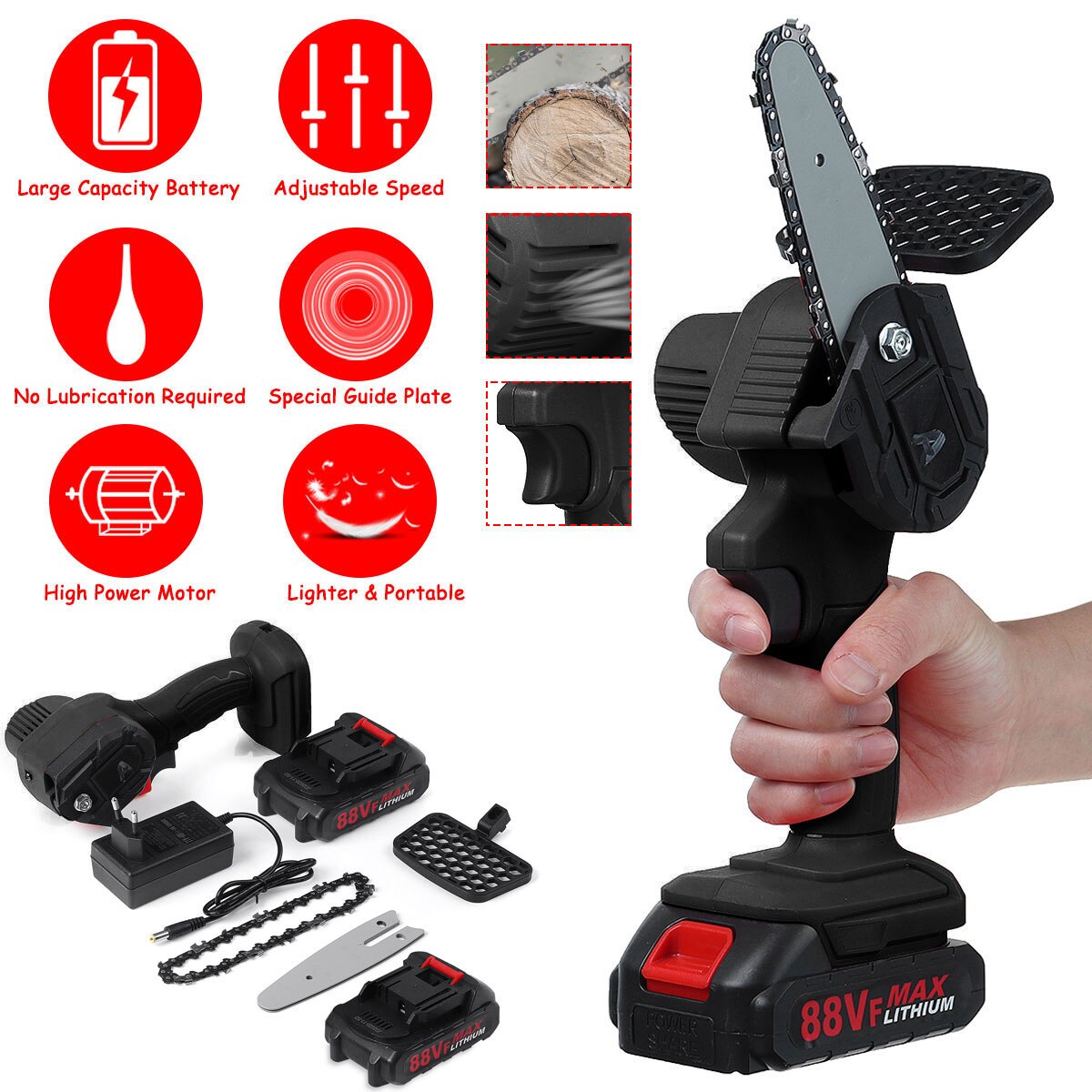 Mini sierras de cadena eléctricas 88VF, motosierra de poda, sierra de corte para árboles de jardín inalámbrica, para cortar madera con batería de litio