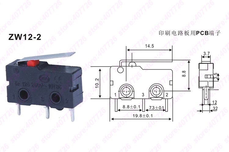 Micro interrupteur 10mm x 20mm 5 pièces/lot | 3 broches/2 broches 5A 250VAC série ZW12, interrupteur Tact allumé: ZW12-2
