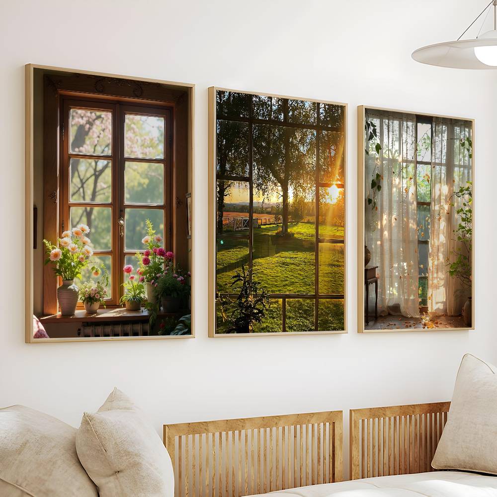 Groene landschap raamposter zelfklevende poster muurdecoratie geschikt voor woonkamer, slaapkamer, bar, babykamer hd frameloos