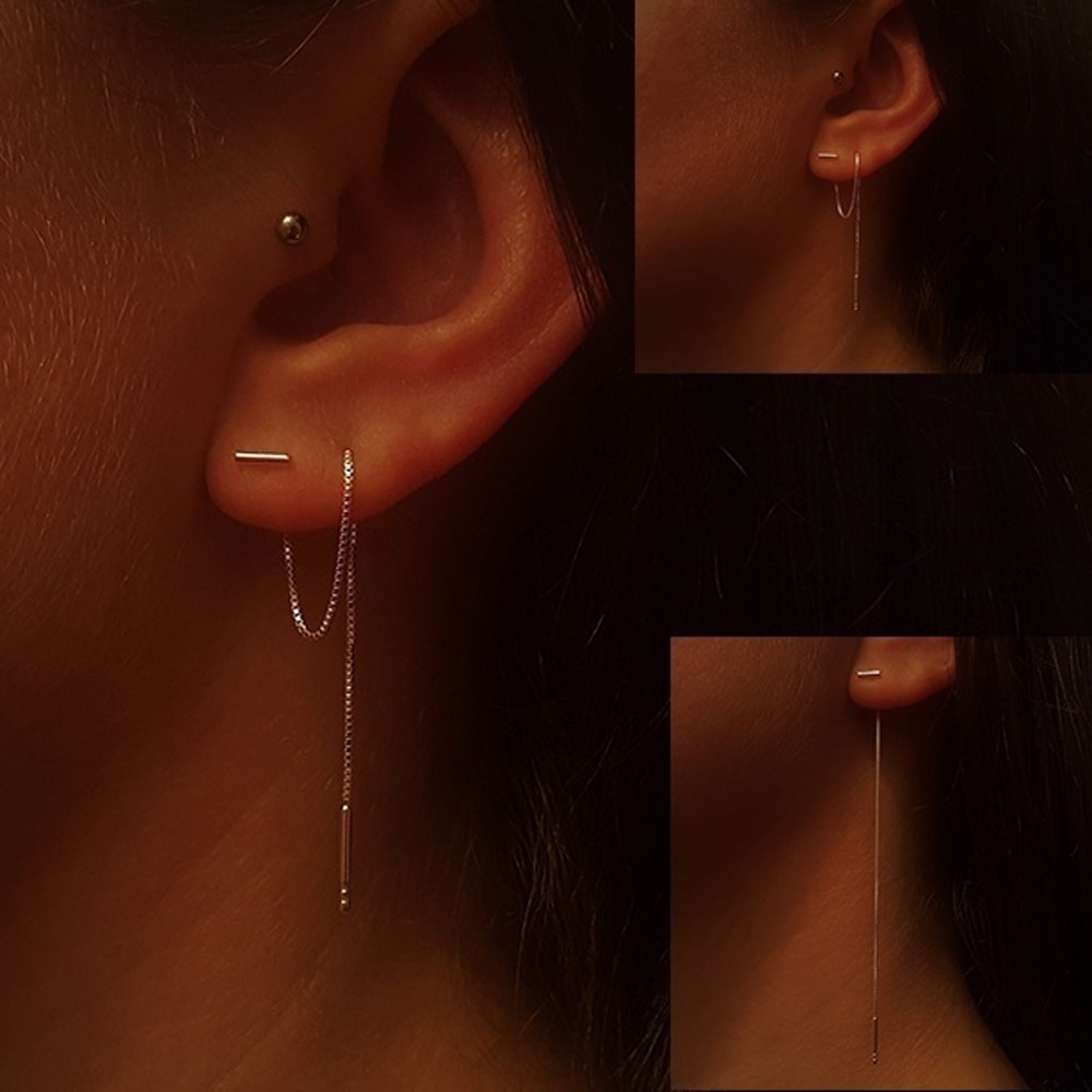 Bar Keten Threader Oorbel 925 Sterling Silvers Of Golds Ketting Oorbel Minimalistische Dubbele Piercing Twee Hole Helix Earring