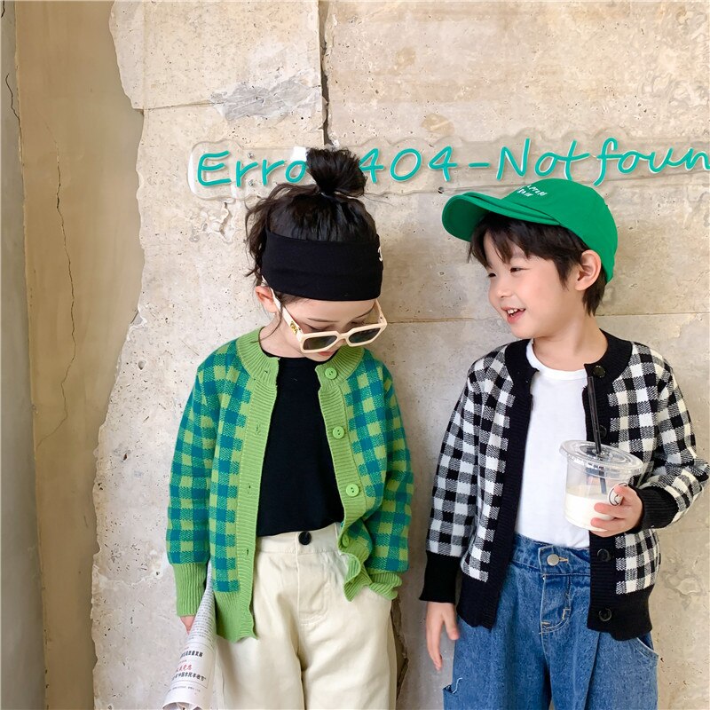 Lente Mode 2 Kleuren Plaid Trui Jas Jongens En Meisjes Losse Casual Gebreide Vesten