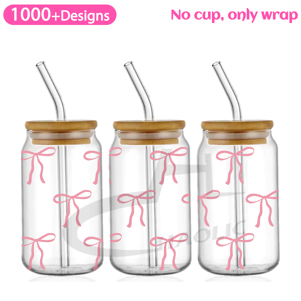 Roze zwierige strikken UV DTF Cup Wrap voor 16oz Libbey bierglas kan mooie liefde linten schattig girly Cup Wrap UV DTF sticker: GRIJS