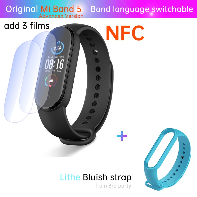 Xiaomi-Pulsera deportiva inteligente Mi Band 5 para mujer, monitor de salud, estándar o NFC, control de estrés, ritmo cardíaco, del sueño, contador de pasos, para deporte fitness y natación, incluye alarma: NFC n film bluish