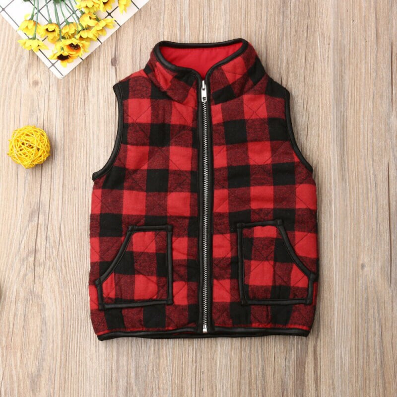 Moda Bambino Del Bambino Dei Bambini Del Bambino Vestiti Della Ragazza Senza Maniche Plaid della Chiusura Lampo del Rivestimento del Cappotto del Panciotto Autunno Inverno Outwear Magliette e camicette Outfits 1-6T
