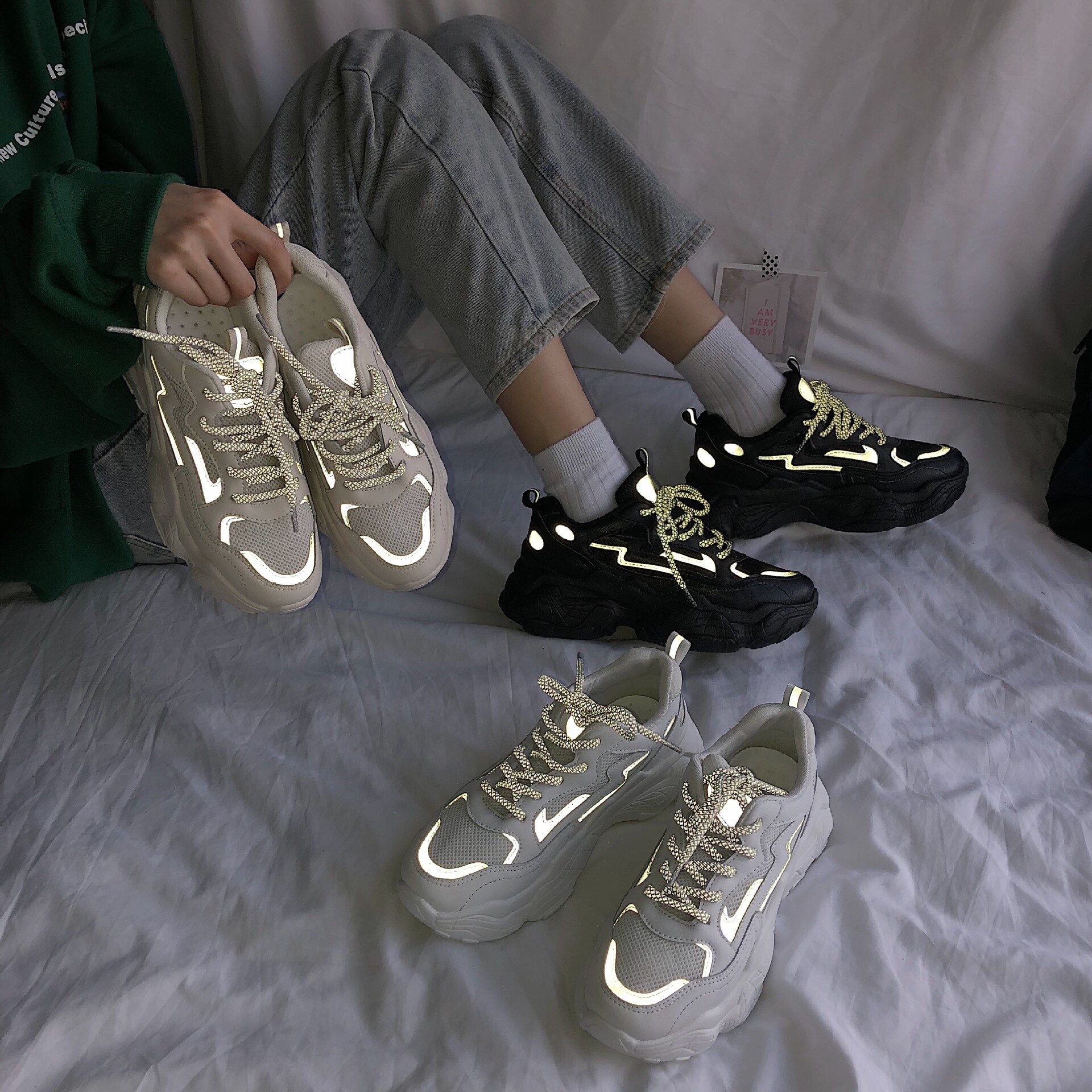 Baskets réfléchissantes femmes maille respirant plate-forme talons compensés chaussures à lacets vulcaniser chaussures femme sport chaussures plates papa chaussures