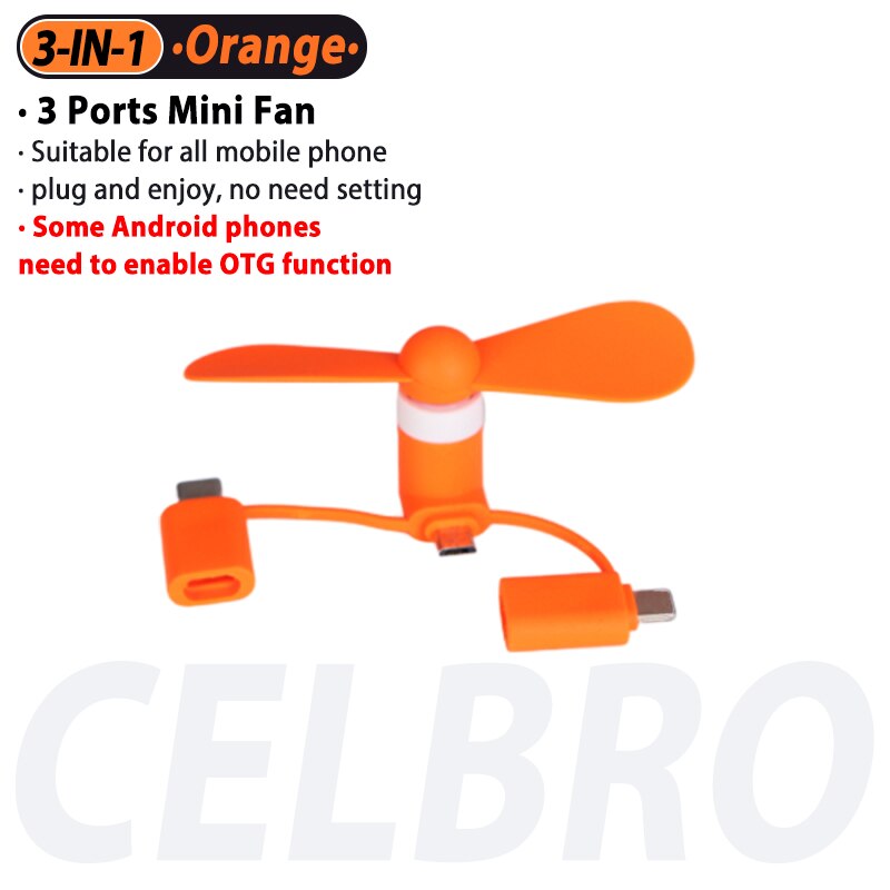 3-In-1 Mini Mobiele Telefoon Ventilator Draagbare Mobiele Telefoon Ventilator Cooling Type C Micro Port Fan 3 in 1 3in1 Voor Huawei Samsung Xiaomi Otg: 3in1 Orange