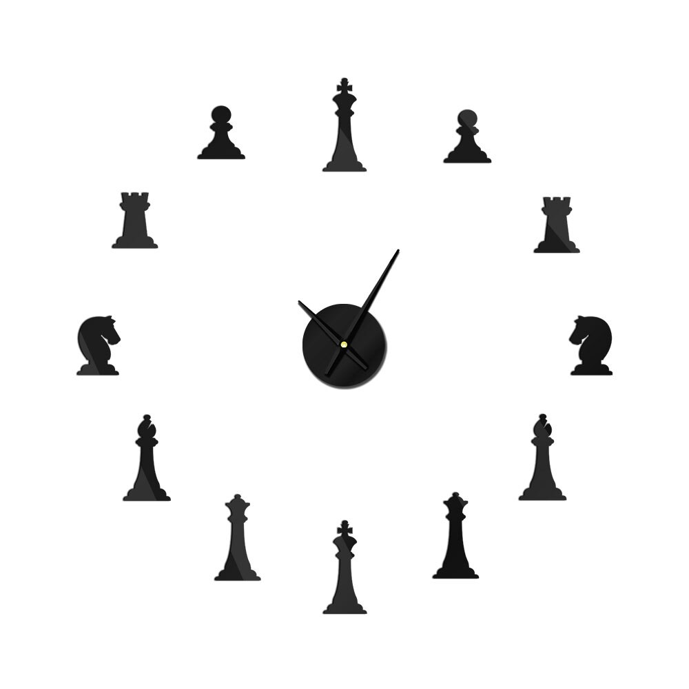 Chess Game DIY Giant Wall Clock King Bishop Knight Pawn Parlor Watch Acrylic Mirror Effect Chessman Chess Player Saat: Black / 27 inch