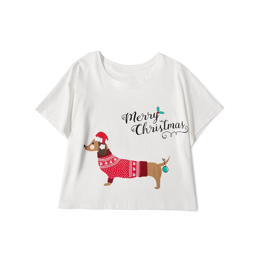 Sleep Top Christmas Dachshund With Santa Hat Dog Print Loose T shirt Women Crop Top Short Top Cotton Pajamas pyjamas T7N001: L