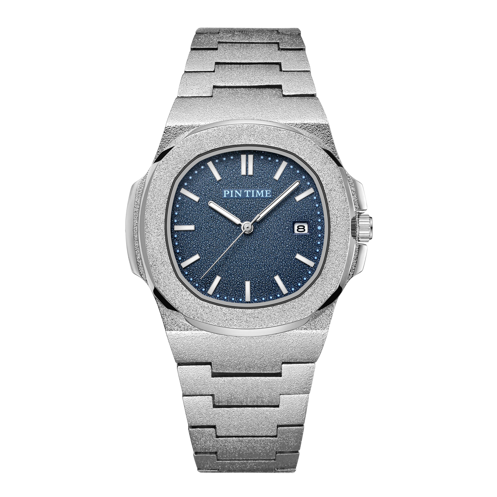 PINTIME Mens Luxury Watch Frosted Stainless Steel Quartz Movement Watches Male Sport Wristwatch
