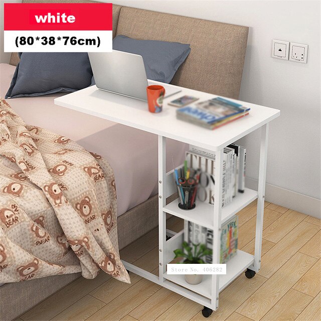 Mesa auxiliar con marco de acero para ordenador portátil, mesa pequeña de 2 capas con polea móvil, Simple y móvil: white