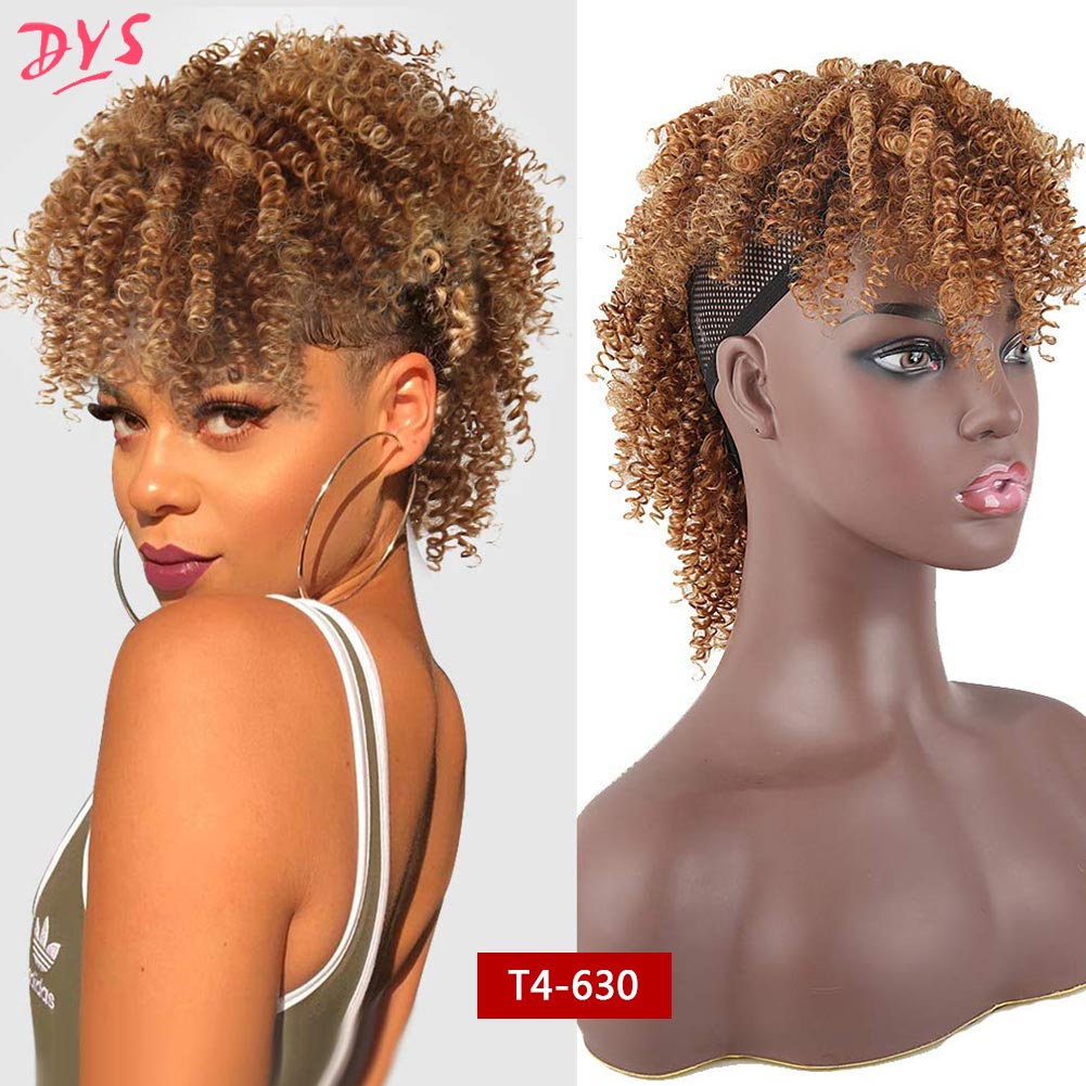 Deyngs Synthetic Mohawk Hair High Puff Ponytail With Bangs Afro Short Kinky Curly Ponytail Clips in Hair Extension: T4 630