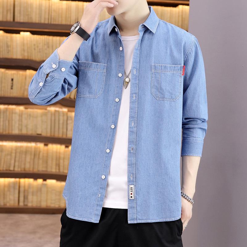 Lente Mannen Casual Zwarte Denim Shirt Slanke Lange Mouw Mannen Drie-Kleur M-4XL: light blue / XXXL