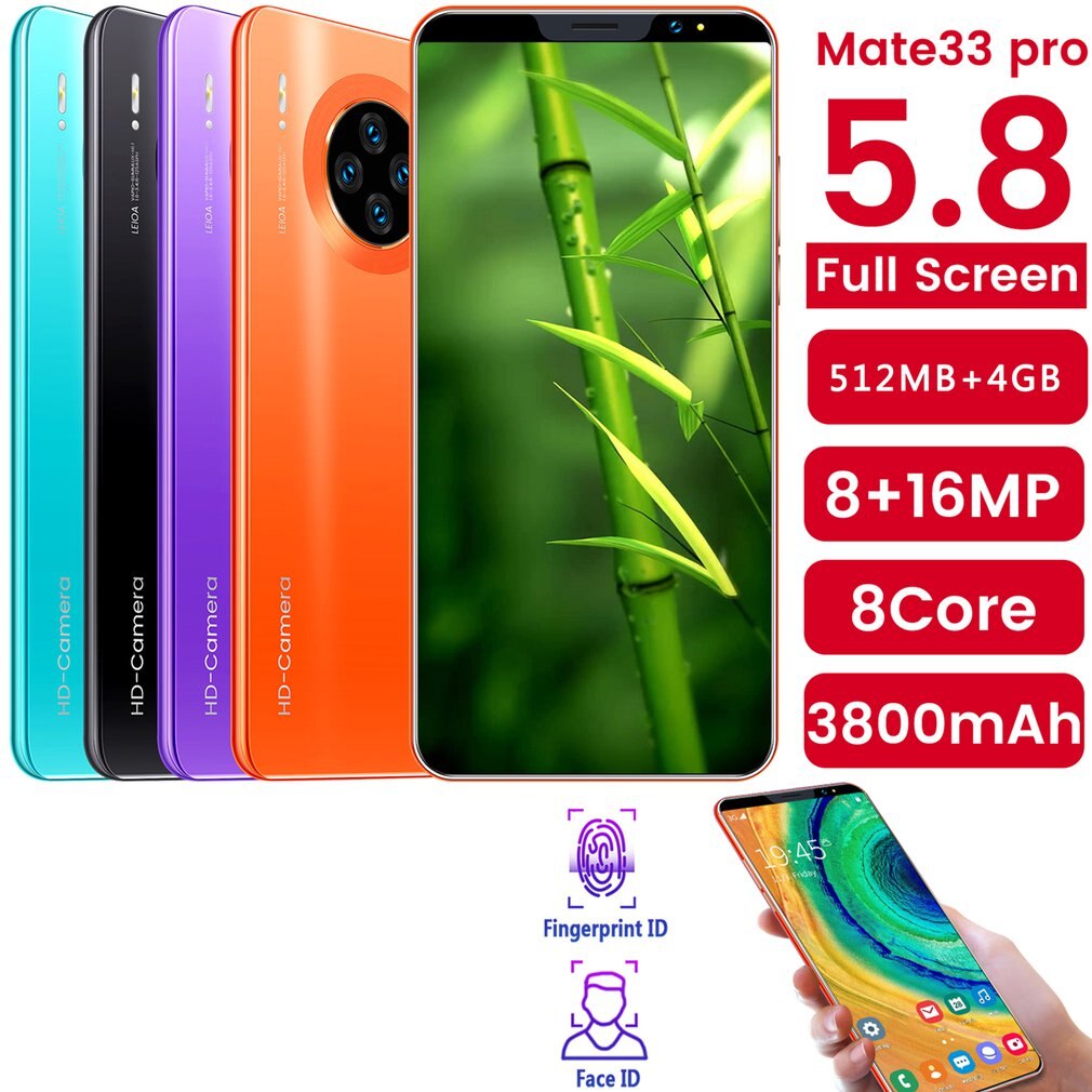 Mate33 pro smartphone com 512m + 4ggb grande memória 5.8 Polegada suporte de tela face/impressão digital desbloqueio duplo sim telefones celulares laranja