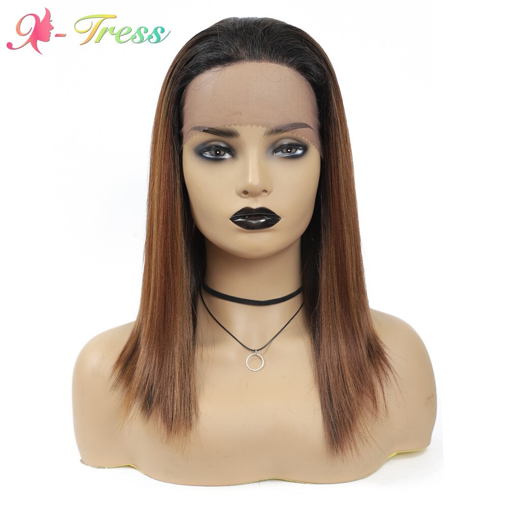 X-TRESS Dark Roots Ombre Brown Lace Front Synthetic Wig for Black Women High Temperature Fiber Hair Trendy 18'' Straight Wigs