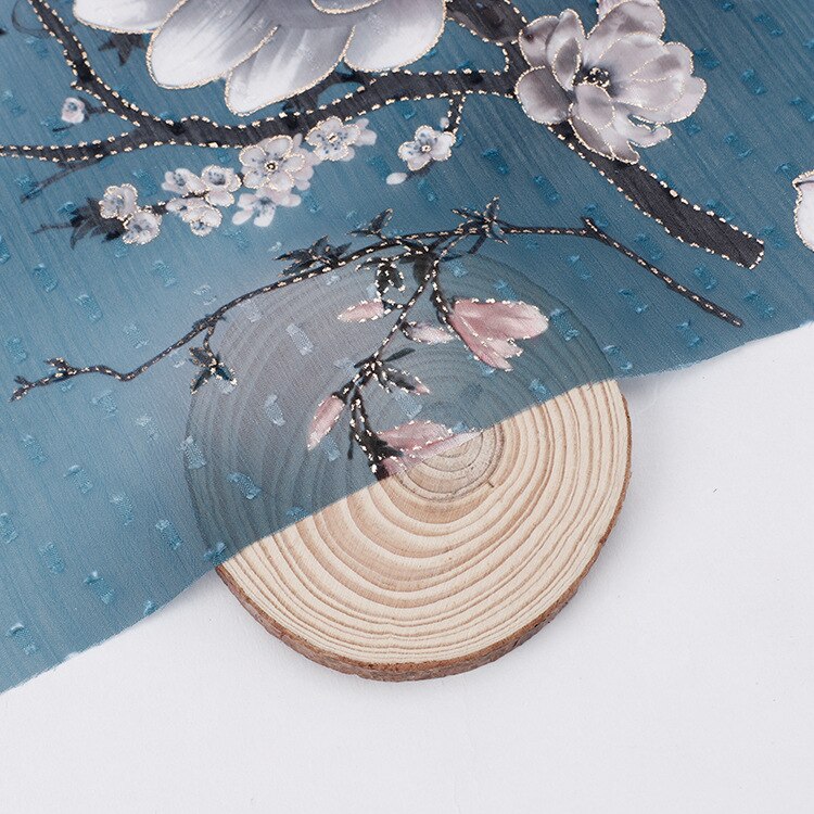 Soft Blue Plum Patroon Bronzing Gedrukt Chiffon Tule Stof Voor Trouwjurk, Door De Meter,150 Cm Breedte