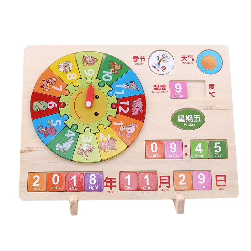 Digital Clock Educational Wooden Toys Baby Kids Cognition 12 Numbers Geometry Wood Puzzle Animal Learn Know Time Calendar ClocK