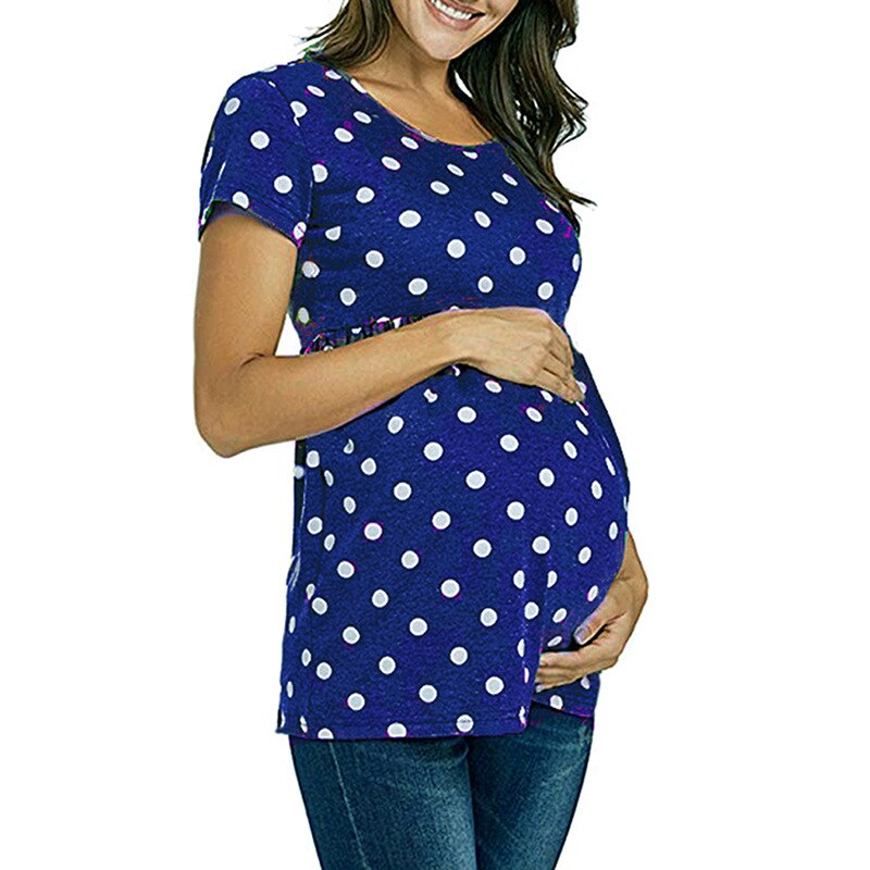 Frauen Kleidung Schwangerschaft Top Mutterschaft Shirts Kurzarm Polka Dot Crew Neck Comformation Nette Mutterschaft Tops